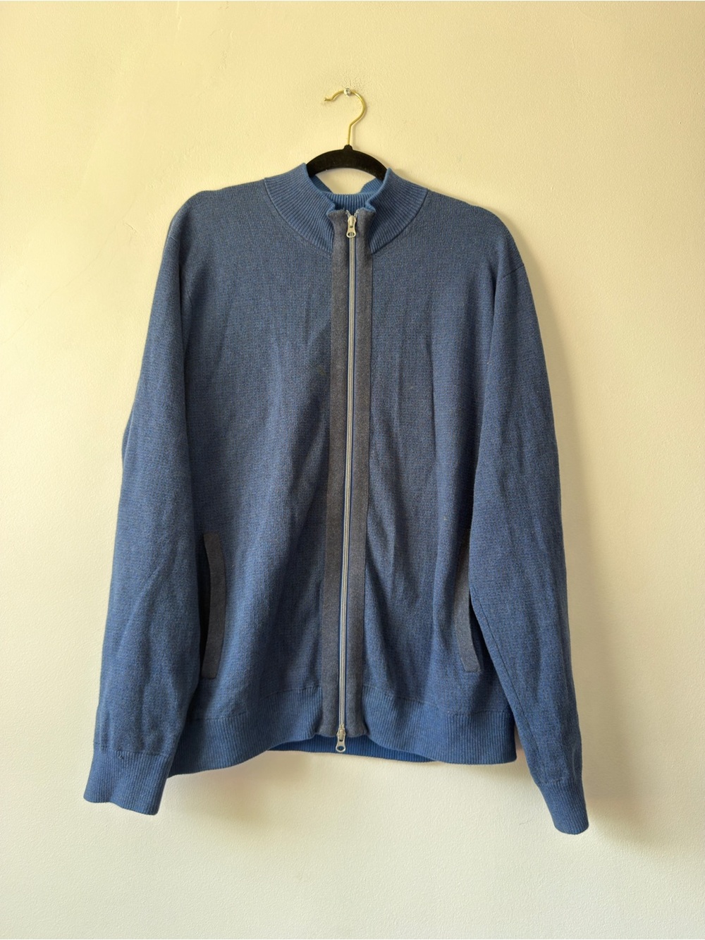Robert Graham Mens XL Blue Zip Cotton Cardigan Sweater Classic Fit Mock Neck